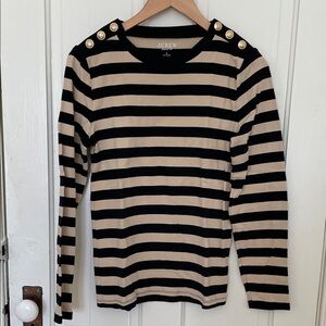 J.Crew Perfect Fit Black and Tan Striped Button Shoulder Top with brass buttons